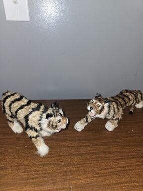 2 Vintage Fur Cover Tiger Figures